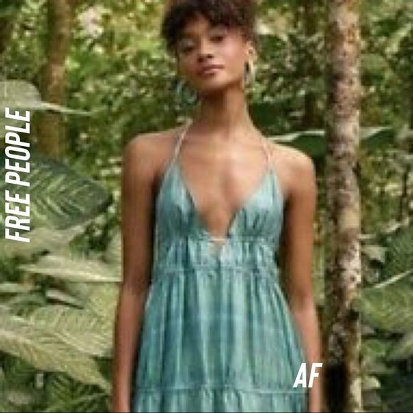 FREE PEOPLE TATTERSALL GREEN SEA BLUE SILK MAXI DRESS NWT NEW MEDIUM - Picture 6 of 14